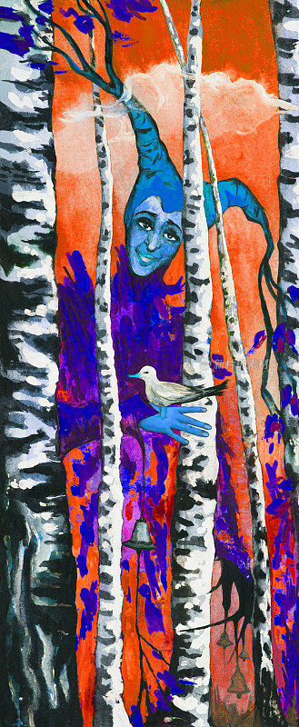 时尚的垂直插图现代艺术我的油画原画在画布上风景春天的桦树和人的形象森林仙女Pan Harlequin手中抱着一只鸟春天森林的绿树和草天空和云